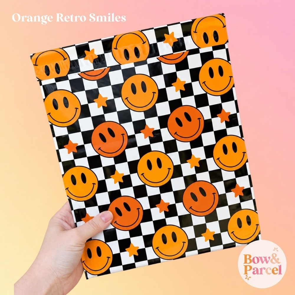 Orange Retro Smiles 10x13 Cute Poly Mailers Shipping Bags 25 Pack Waterproof